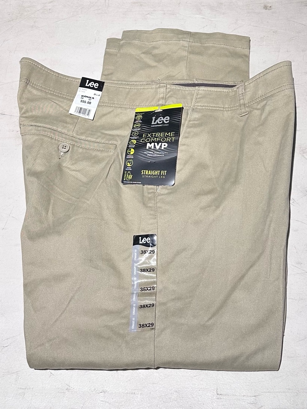 LEE Extreme Motion MVP Mens Straight Leg/Fit Casual Pants 38x29 KC Khaki NWT